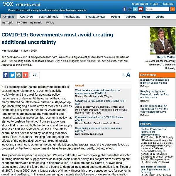 Der Beitrag von Henrik Müller auf VoxEU, dem Blog des Centre for Economic Policy Research